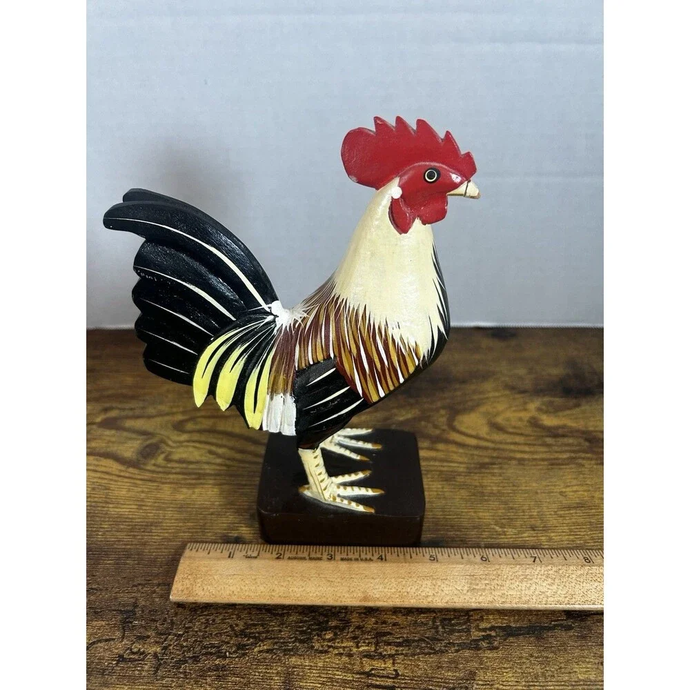 Vintage Hand Carved Wooden Rooster Statue Folk Art Farmhouse Home Decor Display